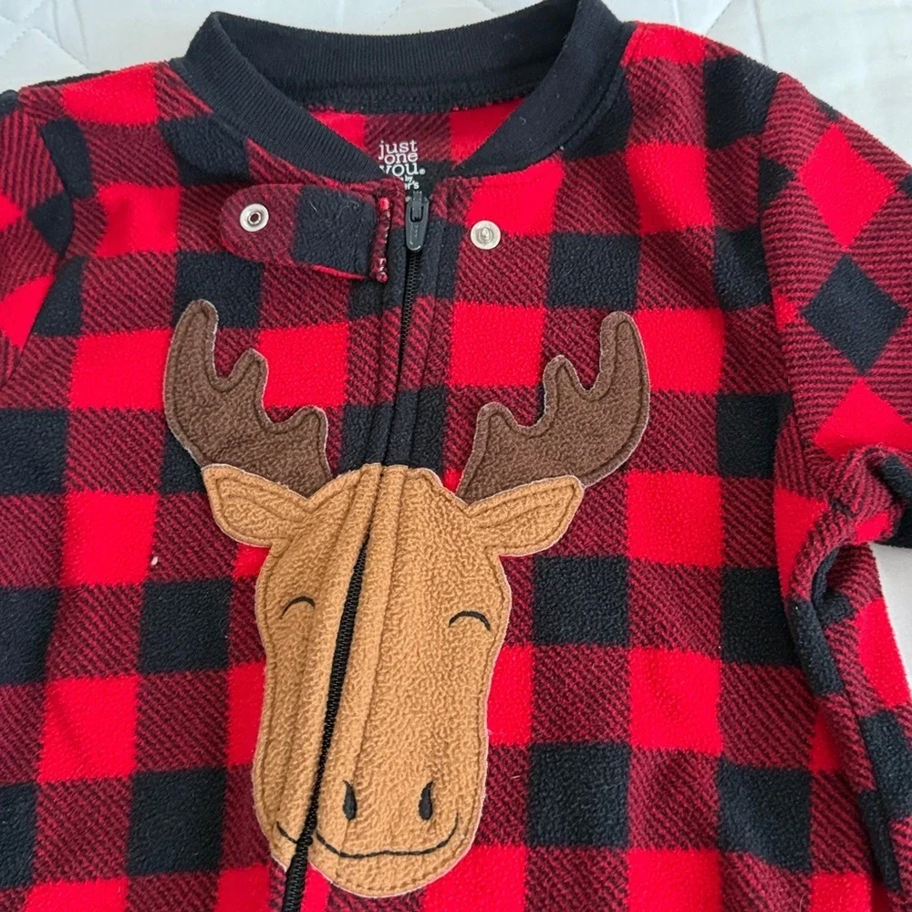 Carter's Red and Black Plaid Moose Footie size 2T